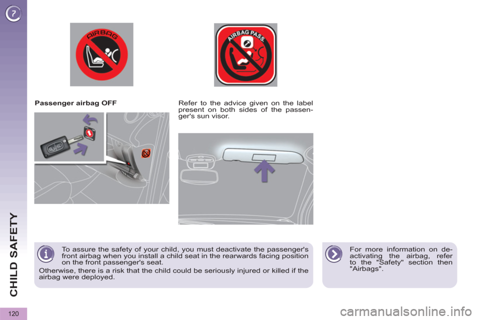 Peugeot 3008 Hybrid 4 2012  Owners Manual CHILD SAFETY
120
   
 
Passenger airbag OFF  
   
For more information on de-
activating the airbag, refer 
to the "Safety" section then 
"Airbags".      
Refer to the advice given on the label 
prese