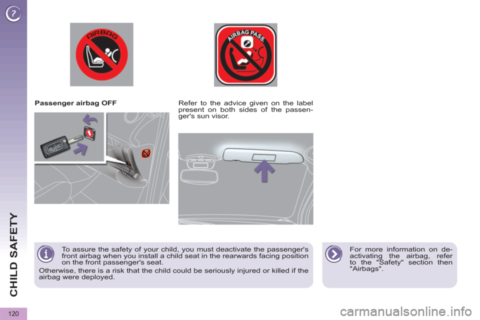 Peugeot 3008 Hybrid 4 2012 Owners Manual CHILD SAFETY
120
Passenger airbag OFF
For more information on de-
activating the airbag, refer
to the "Safety" section then
"Airbags".
Refer to the advice given on the label
prese Peugeot 3008 Hybrid 4 2012 Owners Manual CHILD SAFETY
120
Passenger airbag OFF
For more information on de-
activating the airbag, refer
to the "Safety" section then
"Airbags".
Refer to the advice given on the label
prese