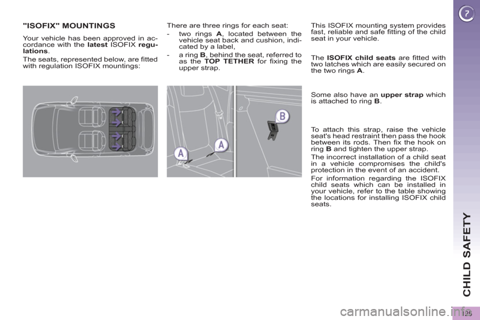Peugeot 3008 Hybrid 4 2012  Owners Manual CHILD SAFETY
125
   
 
 
 
 
 
 
 
 
 
 
 
 
 
"ISOFIX" MOUNTINGS 
 
Your vehicle has been approved in ac-
cordance with the  latest  
ISOFIX  regu-
lation 
 
s 
. 
  The seats, represented below, are