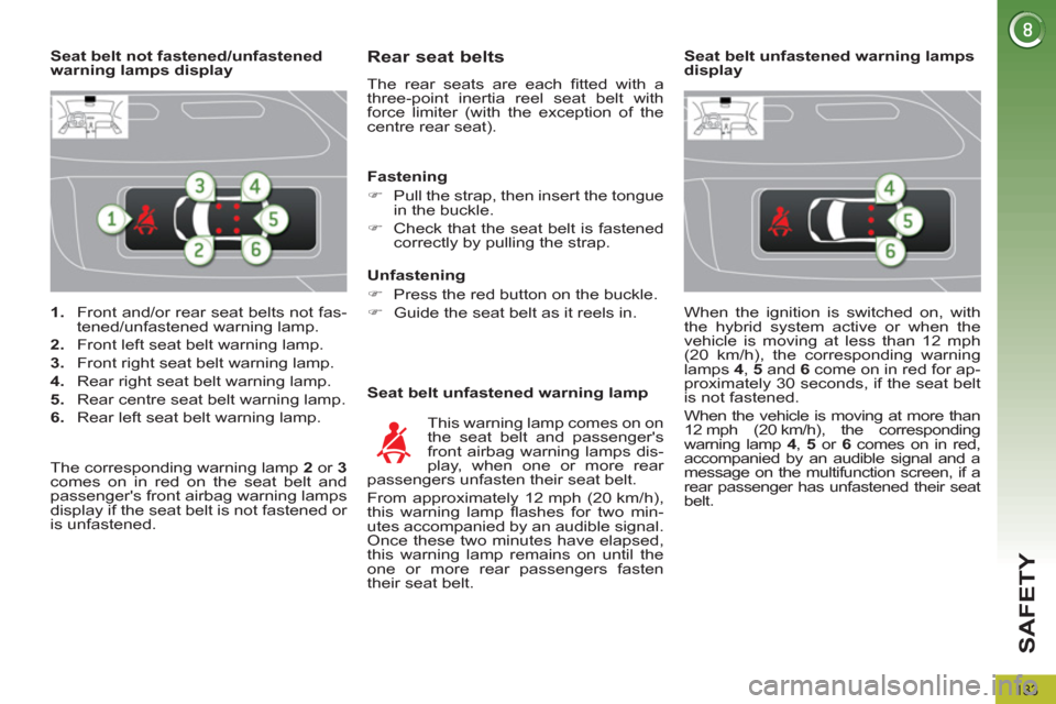 Peugeot 3008 Hybrid 4 2012  Owners Manual SAFETY
133
   
 
1. 
  Front and/or rear seat belts not fas-
tened/unfastened warning lamp. 
   
2. 
  Front left seat belt warning lamp. 
   
3. 
  Front right seat belt warning lamp. 
   
4. 
  Rear