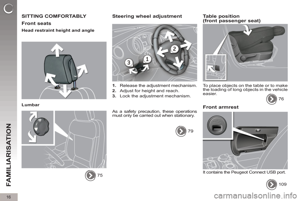 Peugeot 3008 Hybrid 4 2012  Owners Manual 16
FAMILIARISATION
  SITTING COMFORTABLY 
   
Front seats 
 
 
Head restraint height and angle  
   
Lumbar 
  75  
 
 
 
Steering wheel adjustment 
 
 
 
1. 
  Release the adjustment mechanism. 
   
