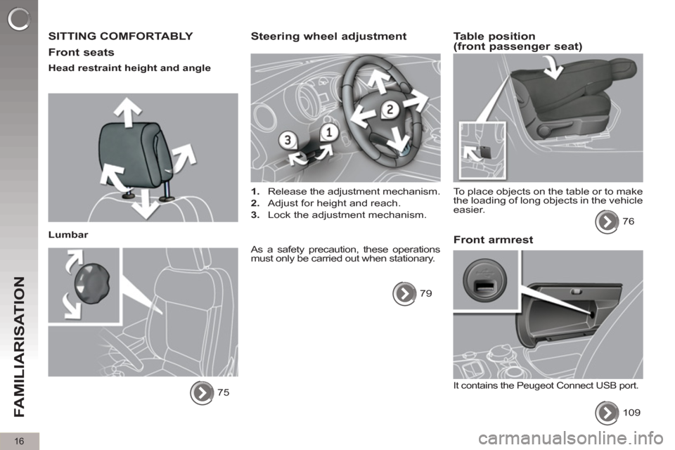 Peugeot 3008 Hybrid 4 2012 User Guide 16
FAMILIARISATION
  SITTING COMFORTABLY 
   
Front seats 
 
 
Head restraint height and angle  
   
Lumbar 
  75  
 
 
 
Steering wheel adjustment 
 
 
 
1. 
  Release the adjustment mechanism. 
   
