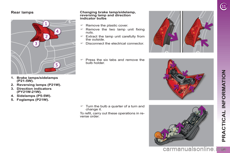 Peugeot 3008 Hybrid 4 2012  Owners Manual PRACTICAL INFORMATION
177
   
 
 
 
 
 
 
 
 
 
 
 
 
 
 
 
 
 
 
 
 
 
 
 
 
 
 
Rear lamps 
 
 
 
1. 
  Brake lamps/sidelamps 
(P21-5W). 
 
   
2. 
  Reversing lamps (P21W). 
 
   
3. 
  Direction i