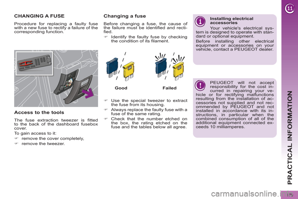 Peugeot 3008 Hybrid 4 2012  Owners Manual PRACTICAL INFORMATION
179
   
 
 
 
 
 
 
 
 
 
 
 
 
 
 
 
 
 
 
 
CHANGING A FUSE 
 
Procedure for replacing a faulty fuse 
with a new fuse to rectify a failure of the 
corresponding function. 
   
