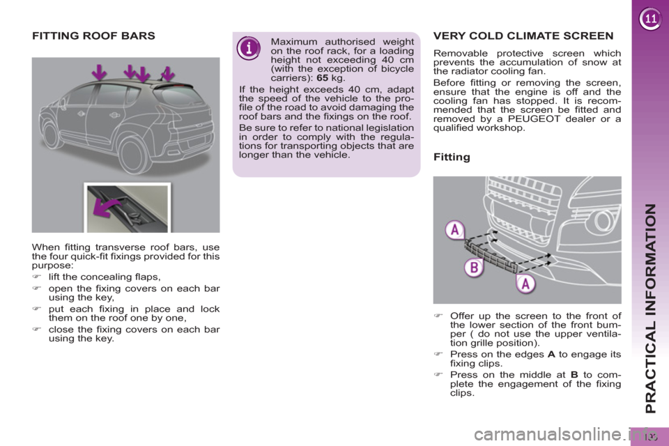 Peugeot 3008 Hybrid 4 2012  Owners Manual PRACTICAL INFORMATION
193
   
 
 
 
 
 
 
 
VERY COLD CLIMATE SCREEN 
 
Removable protective screen which 
prevents the accumulation of snow at 
the radiator cooling fan. 
  Before ﬁ tting or removi