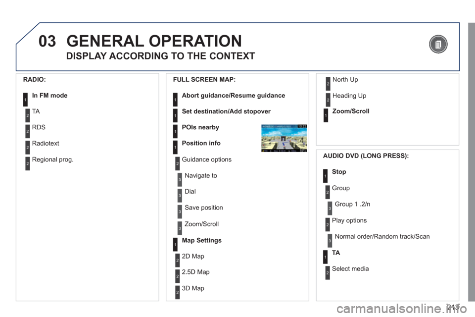 Peugeot 3008 Hybrid 4 2012 Owners Manual 213
03 GENERAL OPERATION
DISPLAY ACCORDING TO THE CONTEXT
RADIO:
In FM mode
1
2
2
TA
RDS
2
Radiotext
2
Regional prog.
FULL SCREEN MAP:
Abort guidance/Resume guid Peugeot 3008 Hybrid 4 2012 Owners Manual 213
03 GENERAL OPERATION
DISPLAY ACCORDING TO THE CONTEXT
RADIO:
In FM mode
1
2
2
TA
RDS
2
Radiotext
2
Regional prog.
FULL SCREEN MAP:
Abort guidance/Resume guid