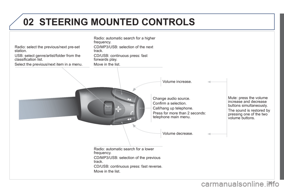 Peugeot 3008 Hybrid 4 2012  Owners Manual 251
02  STEERING MOUNTED CONTROLS 
 
 
 
 
 
 
 
 
Radio: select the previous/next pre-set 
station. 
  USB: select genre/artist/folder from the 
classiﬁ cation list. 
  Select the previous/next ite