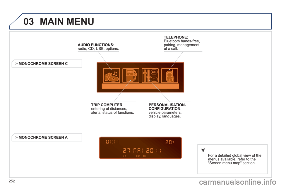 Peugeot 3008 Hybrid 4 2012  Owners Manual 252
03  MAIN MENU 
 
 
 
AUDIO FUNCTIONS 
: 
radio, CD, USB, options.  
   
 
 
 
 
 
 
 
> MONOCHROME SCREEN C  
   
For a detailed global view of the 
menus available, refer to the 
"Screen menu map