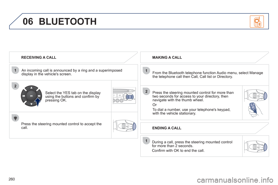 Peugeot 3008 Hybrid 4 2012 Owners Manual 260
06
1
2
1
2
1
OK
RECEIVING A CALL
An incoming call is announced by a ring and a superimposed
display in the vehicles screen.
Select the YES tab on the display
using the buttons a Peugeot 3008 Hybrid 4 2012 Owners Manual 260
06
1
2
1
2
1
OK
RECEIVING A CALL
An incoming call is announced by a ring and a superimposed
display in the vehicles screen.
Select the YES tab on the display
using the buttons a