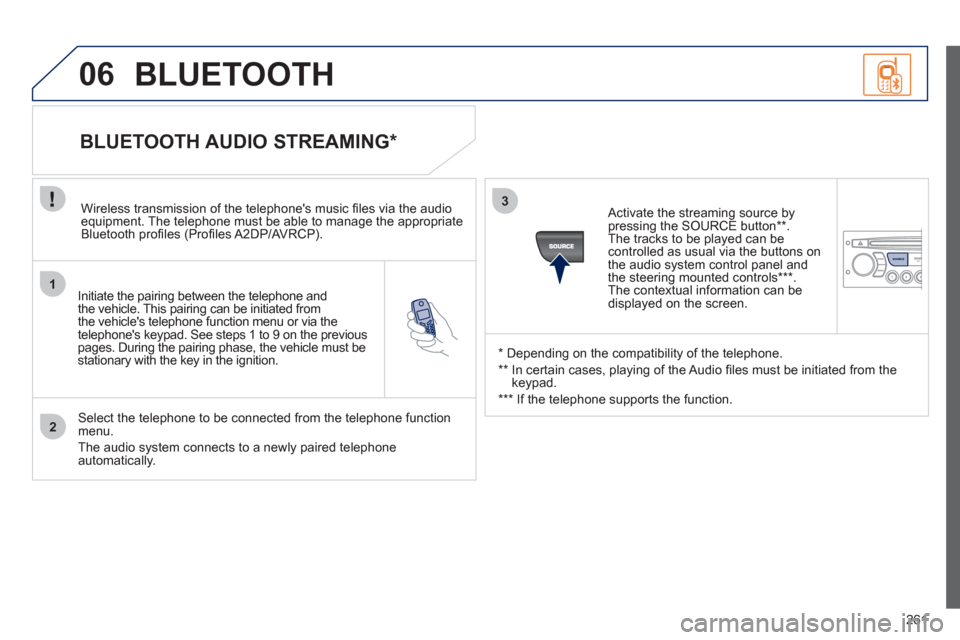 Peugeot 3008 Hybrid 4 2012 Owners Manual 261
1
2
3
SOURCE
06
Initiate the pairing between the telephone and
the vehicle. This pairing can be initiated from
the vehicles telephone function menu or via the
telephones keypad. See steps Peugeot 3008 Hybrid 4 2012 Owners Manual 261
1
2
3
SOURCE
06
Initiate the pairing between the telephone and
the vehicle. This pairing can be initiated from
the vehicles telephone function menu or via the
telephones keypad. See steps