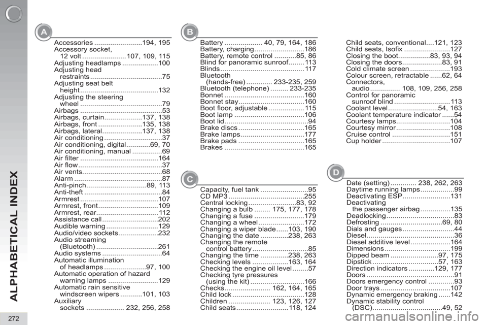 Peugeot 3008 Hybrid 4 2012  Owners Manual ALPHABETICAL INDEX
272
Accessories ........................194,  195
Accessory socket, 
12 volt ...................... 107, 109, 115
Adjusting headlamps ..................100
Adjusting head 
restraint