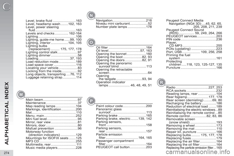 Peugeot 3008 Hybrid 4 2012  Owners Manual ALPHABETICAL INDEX
274
Main beam ....................................97
Maintenance .................................37
Map reading lamps .....................104
Markings, identiﬁ cation ..........