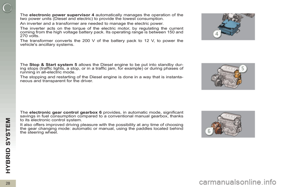 Peugeot 3008 Hybrid 4 2012  Owners Manual HYBRID SYSTEM 
28
   
The  electronic power supervisor 4 
 automatically manages the operation of the 
two power units (Diesel and electric) to provide the lowest consumption. 
  An inverter and a tra