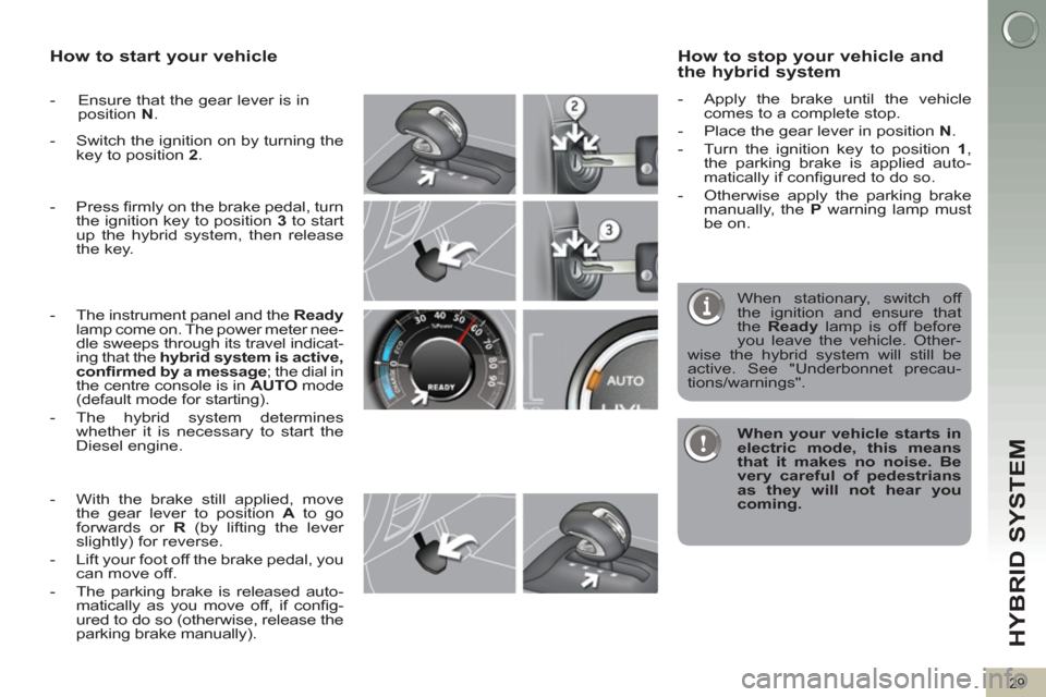 Peugeot 3008 Hybrid 4 2012  Owners Manual HYBRID SYSTEM 
29
   
How to start your vehicle
 
   
 
-   Ensure that the gear lever is in 
position  N 
. 
   
-   Switch the ignition on by turning the 
key to position  2 
. 
   
-  Press ﬁ rml