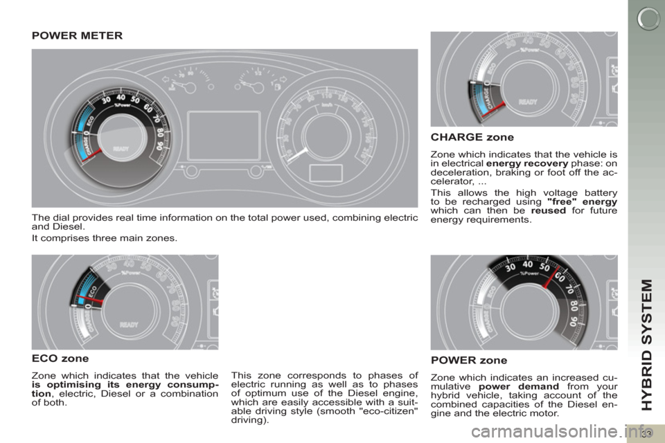 Peugeot 3008 Hybrid 4 2012 Owners Guide HYBRID SYSTEM 
33
   
 
 
 
 
POWER METER 
 
The dial provides real time information on the total power used, combining electric 
and Diesel. 
  It comprises three main zones. 
 
 
ECO zone 
 
Zone wh