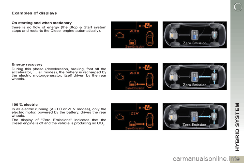 Peugeot 3008 Hybrid 4 2012  Owners Manual HYBRID SYSTEM 
35
   
Examples of displays 
 
 
On starting and when stationary 
  there is no ﬂ ow of energy (the Stop & Start system 
stops and restarts the Diesel engine automatically).  
   
Ene