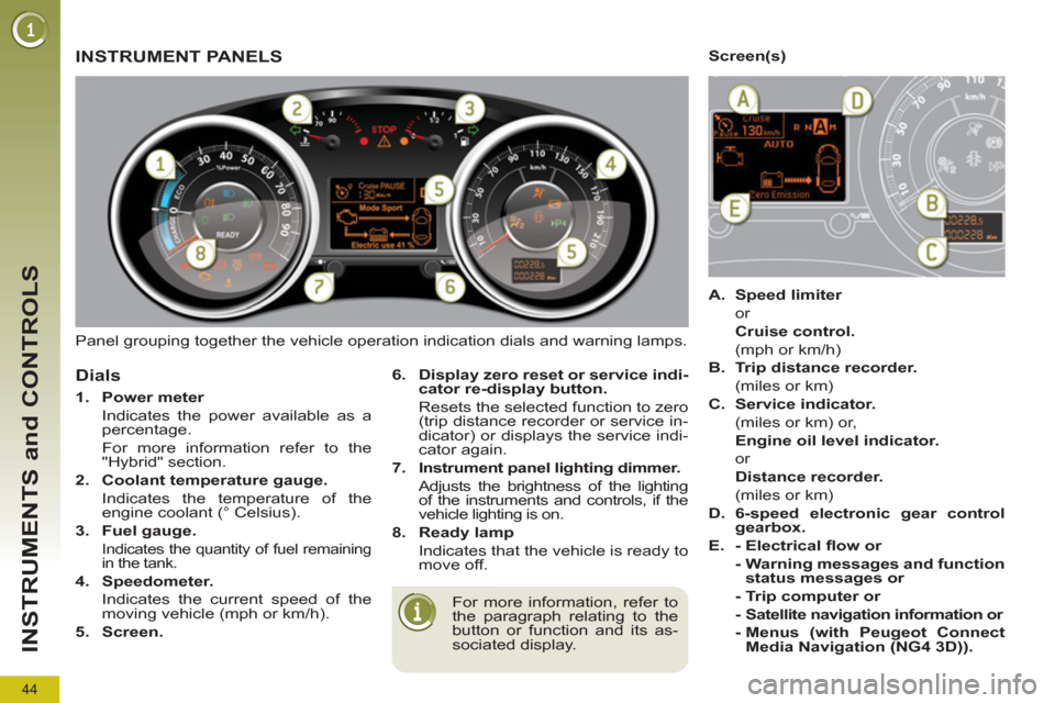 Peugeot 3008 Hybrid 4 2012  Owners Manual 44
INSTRUMENTS and CONTROLS
  Panel grouping together the vehicle operation indication dials and warning lamps. 
 
 
 
 
 
 
 
 
 
 
 
 
 
 
 
 
 
 
INSTRUMENT PANELS 
 
For more information, refer to