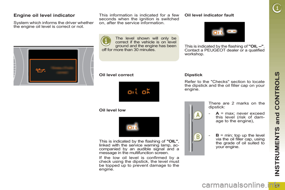 Peugeot 3008 Hybrid 4 2012 Workshop Manual 57
INSTRUMENTS and CONTROLS
 The level shown will only be 
correct if the vehicle is on level 
ground and the engine has been 
off for more than 30 minutes.
 
   
 
 
 
 
 
 
 
 
 
 
 
 
 
 
Engine oi