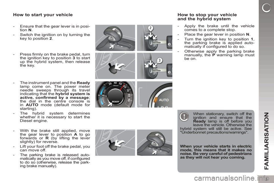 Peugeot 3008 Hybrid 4 2012  Owners Manual 5
FAMILIARISATION
   
How to start your vehicle 
 
 
 
-   Ensure that the gear lever is in posi-
tion  N 
. 
   
-   Switch the ignition on by turning the 
key to position  2 
. 
   
 
-   The instru