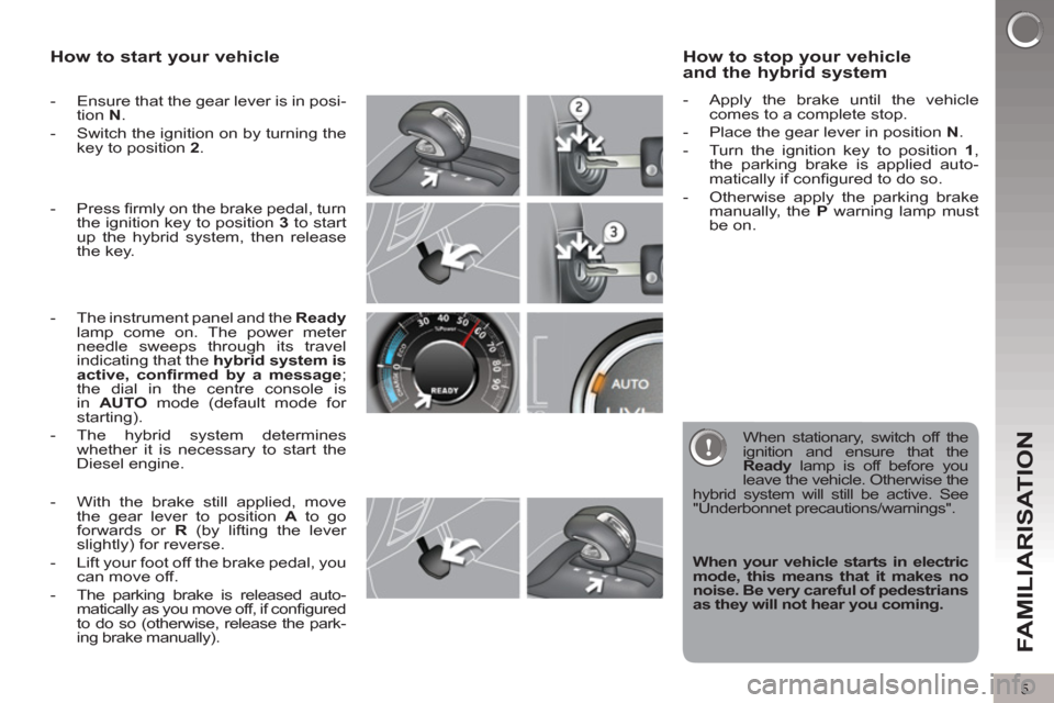 Peugeot 3008 Hybrid 4 2012  Owners Manual 5
FAMILIARISATION
   
How to start your vehicle 
 
 
 
-   Ensure that the gear lever is in posi-
tion  N 
. 
   
-   Switch the ignition on by turning the 
key to position  2 
. 
   
 
-   The instru