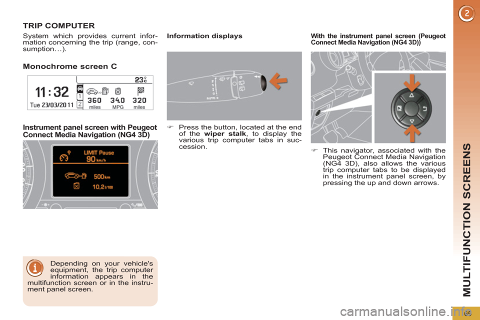 Peugeot 3008 Hybrid 4 2012 Repair Manual MULTIFUNCTION SCREENS
65
   
Monochrome screen C  
 
 
Instrument panel screen with Peugeot 
Connect Media Navigation (NG4 3D) 
   
 
 
 
 
 
 
 
 
 
 
TRIP COMPUTER 
 
System which provides current i