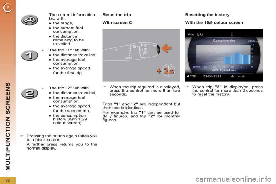 Peugeot 3008 Hybrid 4 2012 Repair Manual MULTIFUNCTION SCREENS
66
   
Reset the trip 
   
 
�) 
  When the trip required is displayed, 
press the control for more than two 
seconds.  
  Trips  "1" 
 and  "2" 
 are independent but 
their use 