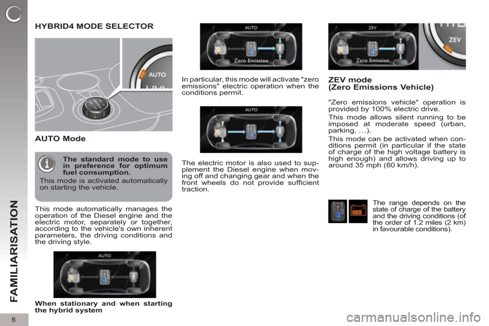 Peugeot 3008 Hybrid 4 2012 Owners Manual 6
FAMILIARISATION
HYBRID4 MODE SELECTOR
AUTO Mode
"Zero emissions vehicle" operation is
provided by 100% electric drive.
This mode allows silent running to be
imposed at mod Peugeot 3008 Hybrid 4 2012 Owners Manual 6
FAMILIARISATION
HYBRID4 MODE SELECTOR
AUTO Mode
"Zero emissions vehicle" operation is
provided by 100% electric drive.
This mode allows silent running to be
imposed at mod