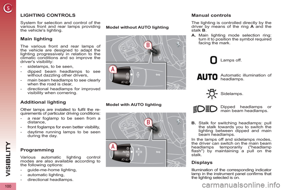 Peugeot 3008 Hybrid 4 2012  Owners Manual - RHD (UK. Australia) VIS
100
LIGHTING CONTROLS 
  System for selection and control of the 
various front and rear lamps providing 
the vehicles lighting. 
   
Main lighting
 
The various front and rear lamps of 
the vehi