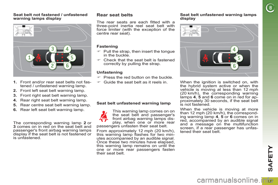 Peugeot 3008 Hybrid 4 2012  Owners Manual - RHD (UK. Australia) SA
F
137
   
 
1. 
  Front and/or rear seat belts not fas-
tened / unfastened warning lamp. 
   
2. 
  Front left seat belt warning lamp. 
   
3. 
  Front right seat belt warning lamp. 
   
4. 
  Rear