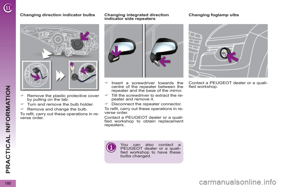 Peugeot 3008 Hybrid 4 2012  Owners Manual - RHD (UK. Australia) PRACTICAL INFORMATION
180
   
 
Changing direction indicator bulbs 
   
 
�) 
  Remove the plastic protective cover 
by pulling on the tab. 
   
�) 
  Turn and remove the bulb holder. 
   
�) 
  Remov