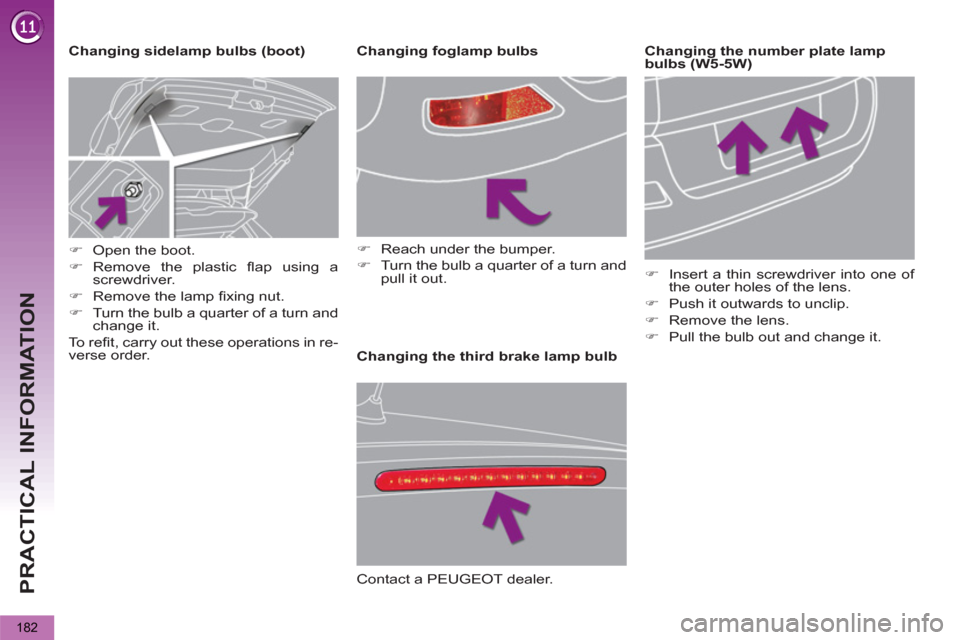 Peugeot 3008 Hybrid 4 2012  Owners Manual - RHD (UK. Australia) PRACTICAL INFORMATION
182
   
 
 
 
 
 
 
 
 
 
 
 
 
 
 
 
 
 
 
Changing the third brake lamp bulb     
Changing sidelamp bulbs (boot)    
 
 
 
 
 
 
 
 
 
 
 
 
 
 
 
 
Changing foglamp bulbs 
   