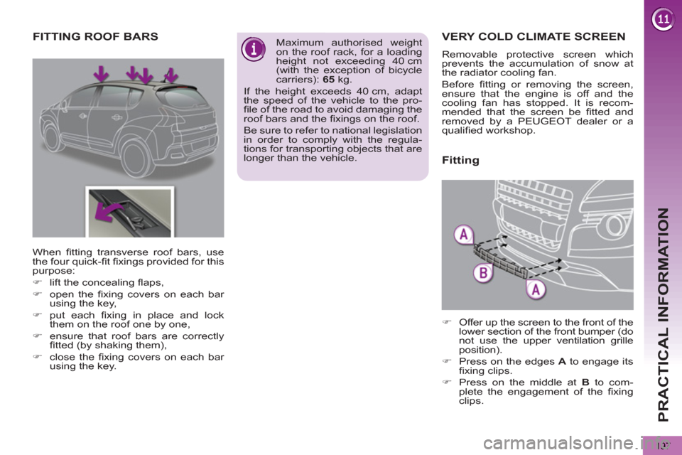 Peugeot 3008 Hybrid 4 2012  Owners Manual - RHD (UK. Australia) PRACTICAL INFORMATION
197
VERY COLD CLIMATE SCREEN 
  Removable protective screen which 
prevents the accumulation of snow at 
the radiator cooling fan. 
  Before ﬁ tting or removing the screen, 
en