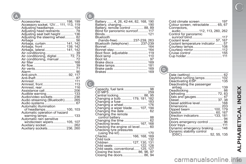 Peugeot 3008 Hybrid 4 2012  Owners Manual - RHD (UK. Australia) ALPHABETICAL INDEX
271
Accessories .......................... 198,  199
Accessory socket, 12V .... 111, 113, 119
Adjusting headlamps .................... 104
Adjusting head restraints ................
