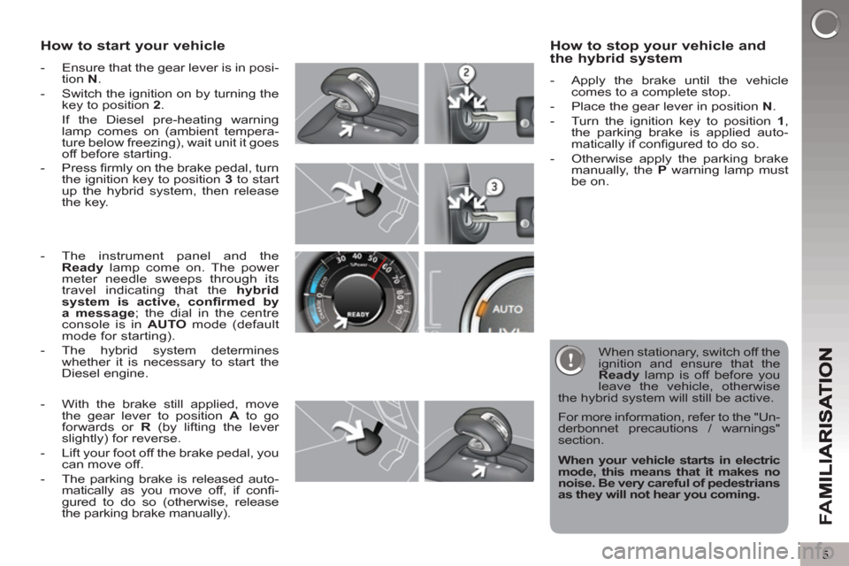 Peugeot 3008 Hybrid 4 2012  Owners Manual - RHD (UK. Australia) 5
FA
M
How to start your vehicle 
   
 
-   Ensure that the gear lever is in posi-
tion  N 
. 
   
-   Switch the ignition on by turning the 
key to position  2 
.  
  If the Diesel pre-heating warnin