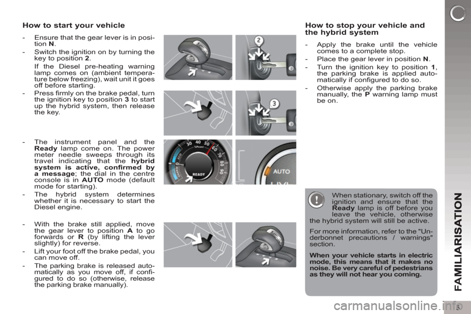 Peugeot 3008 Hybrid 4 2012  Owners Manual - RHD (UK. Australia) 5
FA
M
How to start your vehicle 
   
 
-   Ensure that the gear lever is in posi-
tion  N 
. 
   
-   Switch the ignition on by turning the 
key to position  2 
.  
  If the Diesel pre-heating warnin