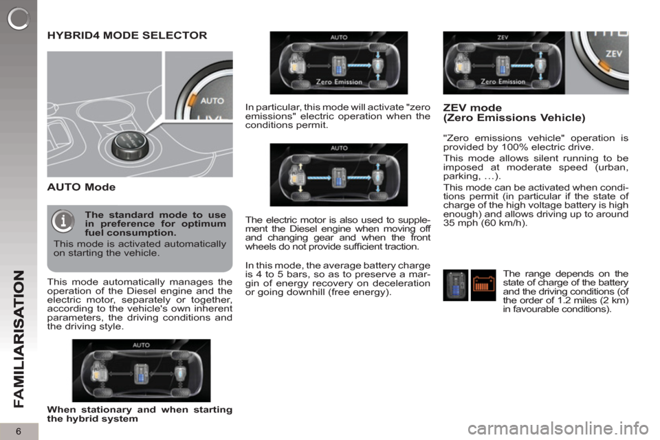 Peugeot 3008 Hybrid 4 2012  Owners Manual - RHD (UK. Australia) 6
FA
M
HYBRID4 MODE SELECTOR 
   
AUTO Mode
 
 
"Zero emissions vehicle" operation is 
provided by 100% electric drive. 
  This mode allows silent running to be 
imposed at moderate speed (urban, 
par