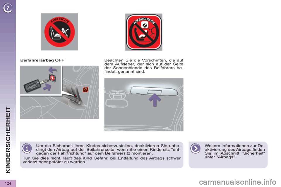 Peugeot 3008 Hybrid 4 2012  Betriebsanleitung (in German) KINDERSICHERHEIT
124
   
 
Beifahrerairbag OFF  
   
Weitere Informationen zur De-
aktivierung des Airbags ﬁ nden 
Sie im Abschnitt "Sicherheit" 
unter "Airbags".      
Beachten Sie die Vorschriften