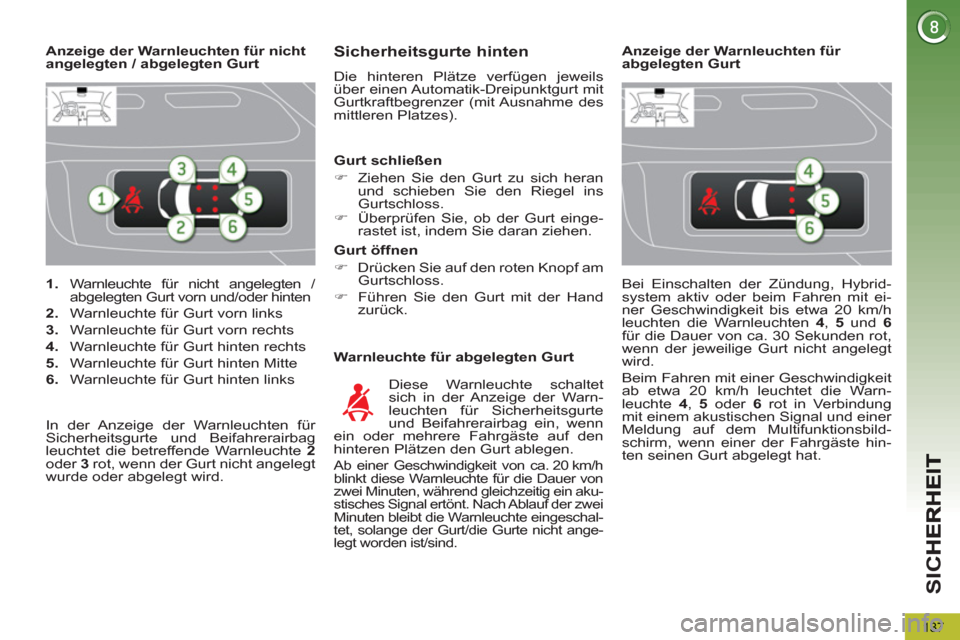 Peugeot 3008 Hybrid 4 2012  Betriebsanleitung (in German) SI
C
137
   
 
1. 
  Warnleuchte für nicht angelegten / 
abgelegten Gurt vorn und/oder hinten 
   
2. 
  Warnleuchte für Gurt vorn links 
   
3. 
  Warnleuchte für Gurt vorn rechts 
   
4. 
  Warnl