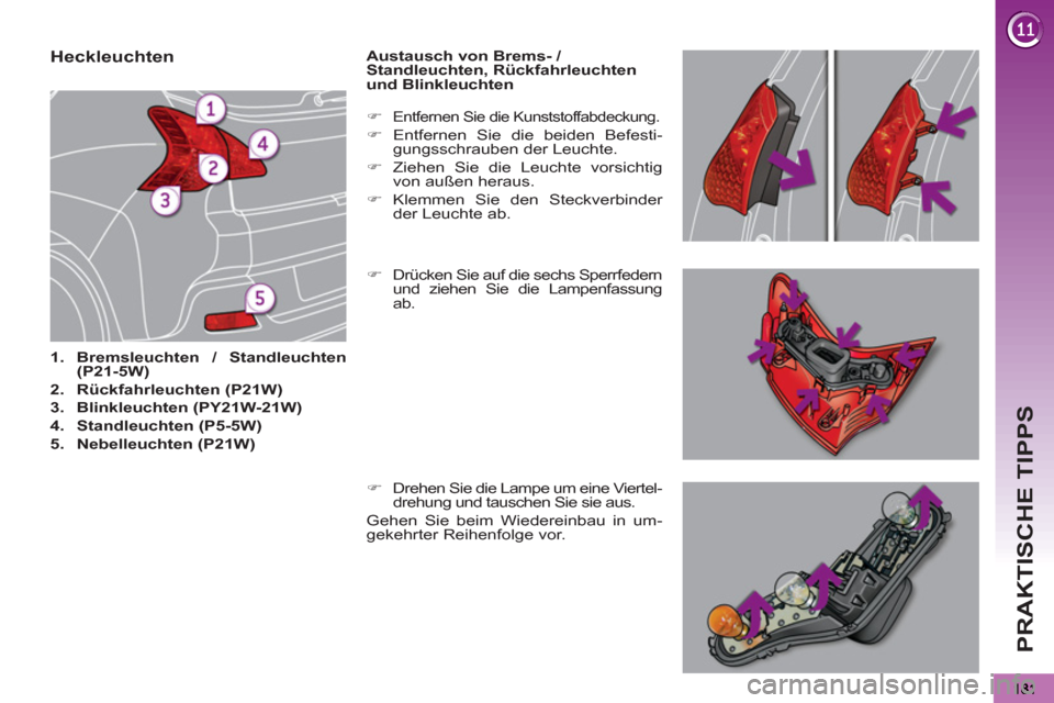 Peugeot 3008 Hybrid 4 2012  Betriebsanleitung (in German) PRAKTISCHE TIPPS
   
 
 
 
 
 
 
 
 
 
 
 
 
 
 
 
 
 
 
 
 
 
 
 
 
 
Heckleuchten 
 
 
 
1. 
  Bremsleuchten / Standleuchten 
(P21-5W) 
 
   
2. 
  Rückfahrleuchten (P21W) 
 
   
3. 
  Blinkleuchte