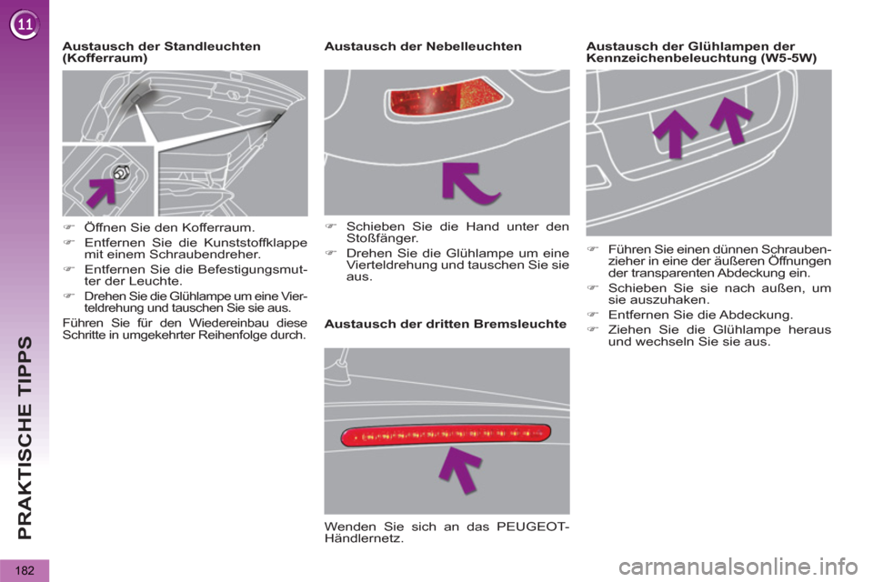 Peugeot 3008 Hybrid 4 2012  Betriebsanleitung (in German) PRAKTISCHE TIPPS
182
   
 
 
 
 
 
 
 
 
 
 
 
 
 
 
 
 
Austausch der dritten Bremsleuchte     
Austausch der Standleuchten 
(Kofferraum)    
 
 
 
 
 
 
 
 
 
 
 
 
 
 
 
 
 
Austausch der Nebelleuc