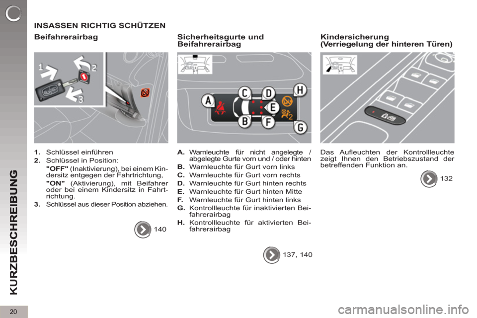 Peugeot 3008 Hybrid 4 2012  Betriebsanleitung (in German) 20
K
U
R
  INSASSEN RICHTIG SCHÜTZEN
   
Beifahrerairba
g
 
 
 
1. 
 Schlüssel einführen 
   
2. 
  Schlüssel in Position:  
  "OFF" 
 (Inaktivierung), bei einem Kin-
dersitz entgegen der Fahrtric