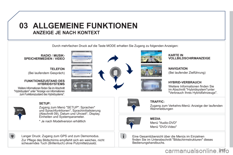 Peugeot 3008 Hybrid 4 2012  Betriebsanleitung (in German) 215
03
SETUP
TRAFFIC
MEDIA
ALLGEMEINE FUNKTIONEN
   
Eine Gesamtübersicht über die Menüs im Einzelnen 
ﬁ nden Sie im Unterabschnitt "Bildschirmstrukturen" dieses 
Bedienungshandbuchs.  
  Durch m