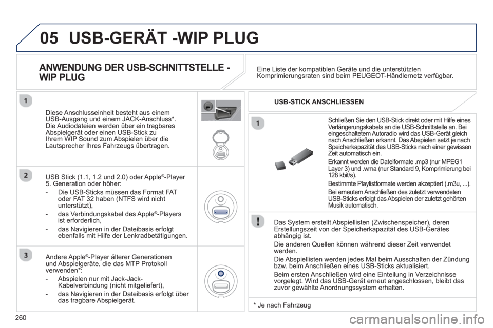 Peugeot 3008 Hybrid 4 2012  Betriebsanleitung (in German) 260
05  USB-GERÄT -WIP PLUG 
 
 
Das System erstellt Abspiellisten (Zwischenspeicher), deren Erstellungszeit von der Speicherkapazität des USB-Gerätes
abhängig ist.
  Die anderen 
Quellen können 