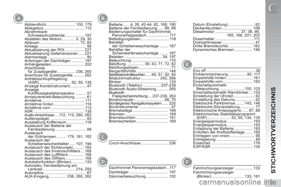 Peugeot 3008 Hybrid 4 2012  Betriebsanleitung (in German) STICHWORTVERZEICHNIS
271
Abblendlicht .......................... 100,  179
Ablagebox......................................112
Abnehmbare 
Schneeschutzblende ................. 197
Abstellen des Motors 