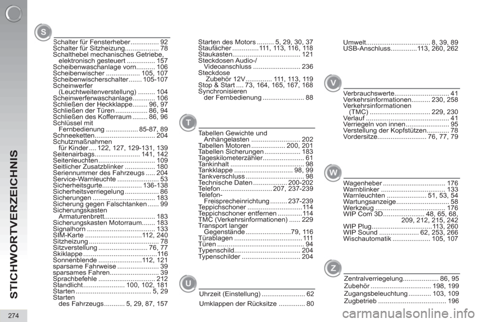 Peugeot 3008 Hybrid 4 2012  Betriebsanleitung (in German) STICHWORTVERZEICHNIS
274
Schalter für Fensterheber ............... 92
Schalter für Sitzheizung.................. 78
Schalthebel mechanisches Getriebe, 
elektronisch gesteuert ............... 157
Sch