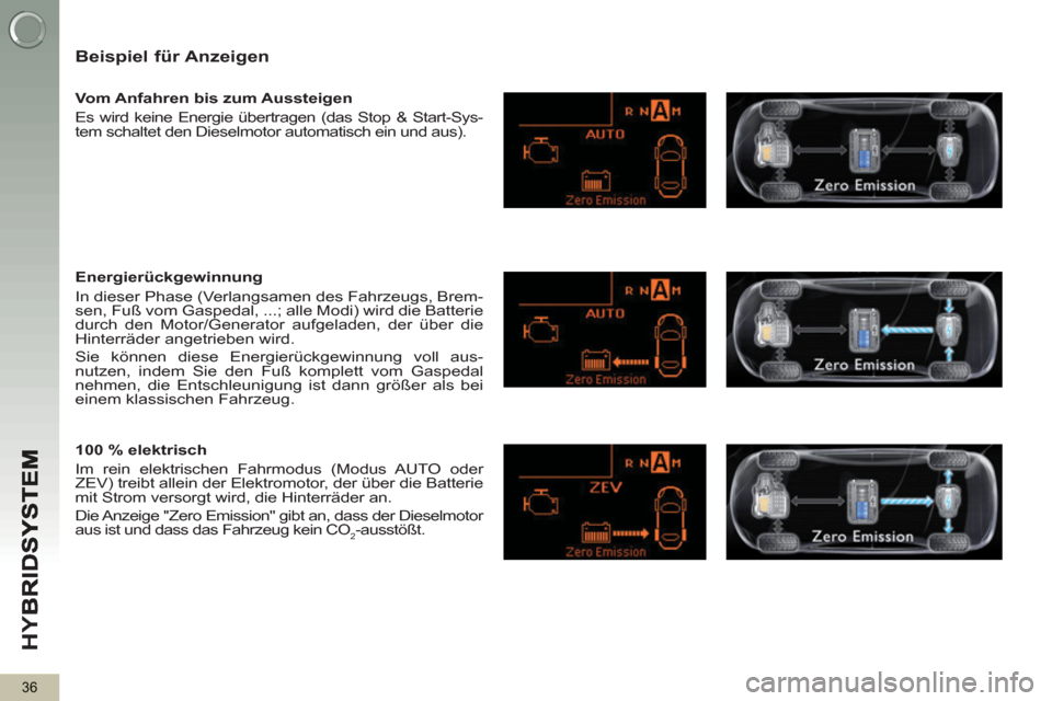 Peugeot 3008 Hybrid 4 2012 Betriebsanleitung (in German) HY
B
36
Beispiel für Anzeigen
Vom Anfahren bis zum Aussteigen
Es wird keine Energie übertragen (das Stop & Start-Sys-
tem schaltet den Dieselmotor automatisch ein und aus).
Energie Peugeot 3008 Hybrid 4 2012 Betriebsanleitung (in German) HY
B
36
Beispiel für Anzeigen
Vom Anfahren bis zum Aussteigen
Es wird keine Energie übertragen (das Stop & Start-Sys-
tem schaltet den Dieselmotor automatisch ein und aus).
Energie