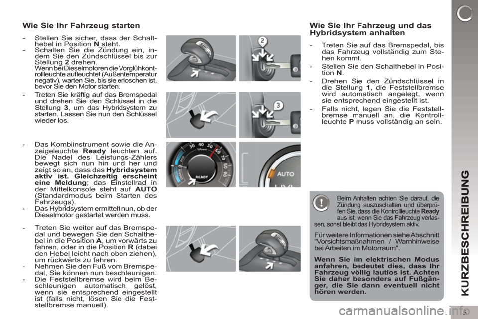 Peugeot 3008 Hybrid 4 2012 Betriebsanleitung (in German) 5
K
U
Wie Sie Ihr Fahrzeug starten
- Stellen Sie sicher, dass der Schalt-
hebel in Position N
steht.
- Schalten Sie die Zündung ein, in-
dem Sie den Zündschlüssel bis zur
Stellun Peugeot 3008 Hybrid 4 2012 Betriebsanleitung (in German) 5
K
U
Wie Sie Ihr Fahrzeug starten
- Stellen Sie sicher, dass der Schalt-
hebel in Position N
steht.
- Schalten Sie die Zündung ein, in-
dem Sie den Zündschlüssel bis zur
Stellun