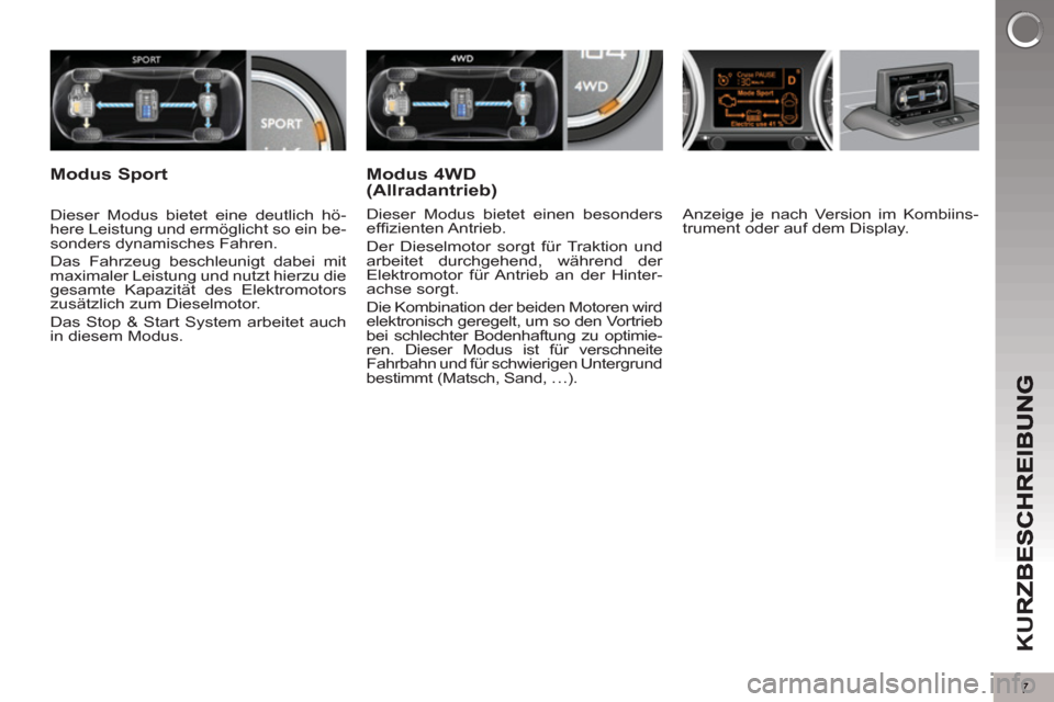 Peugeot 3008 Hybrid 4 2012 Betriebsanleitung (in German) 7
K
U
Anzeige je nach Version im Kombiins-
trument oder auf dem Display.
Dieser Modus bietet eine deutlich hö-
here Leistung und ermöglicht so ein be-
sonders dynamisches Fahren.
Das Peugeot 3008 Hybrid 4 2012 Betriebsanleitung (in German) 7
K
U
Anzeige je nach Version im Kombiins-
trument oder auf dem Display.
Dieser Modus bietet eine deutlich hö-
here Leistung und ermöglicht so ein be-
sonders dynamisches Fahren.
Das