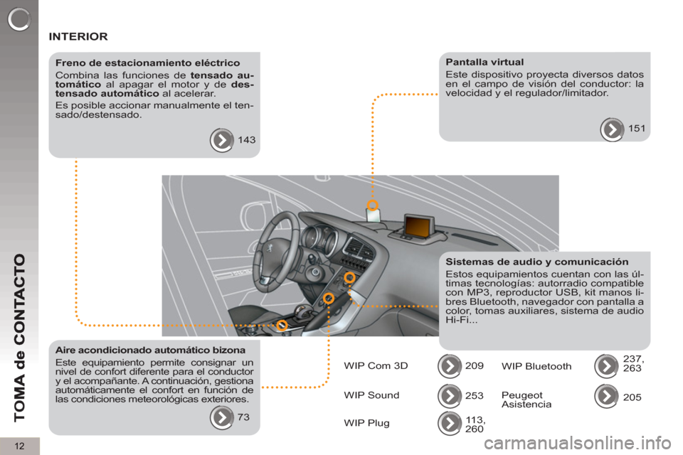 Peugeot 3008 Hybrid 4 2012  Manual del propietario (in Spanish) 12
TO
M
  INTERIOR  
 
 
Freno de estacionamiento eléctrico 
  Combina las funciones de  tensado au-
tomático 
 al apagar el motor y de  des-
tensado automático 
 al acelerar. 
  Es posible acciona