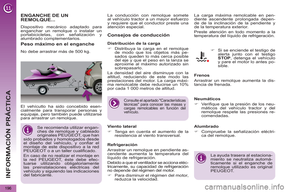 Peugeot 3008 Hybrid 4 2012  Manual del propietario (in Spanish) INFORMACIÓN PRÁCTICA
196
   
 
 
 
ENGANCHE DE UN 
REMOLQUE...
   
El vehícutlo ha sido concebido esen-
cialmente para transporar personas y 
equipaje, pero también puede utilizarse 
para arrastra